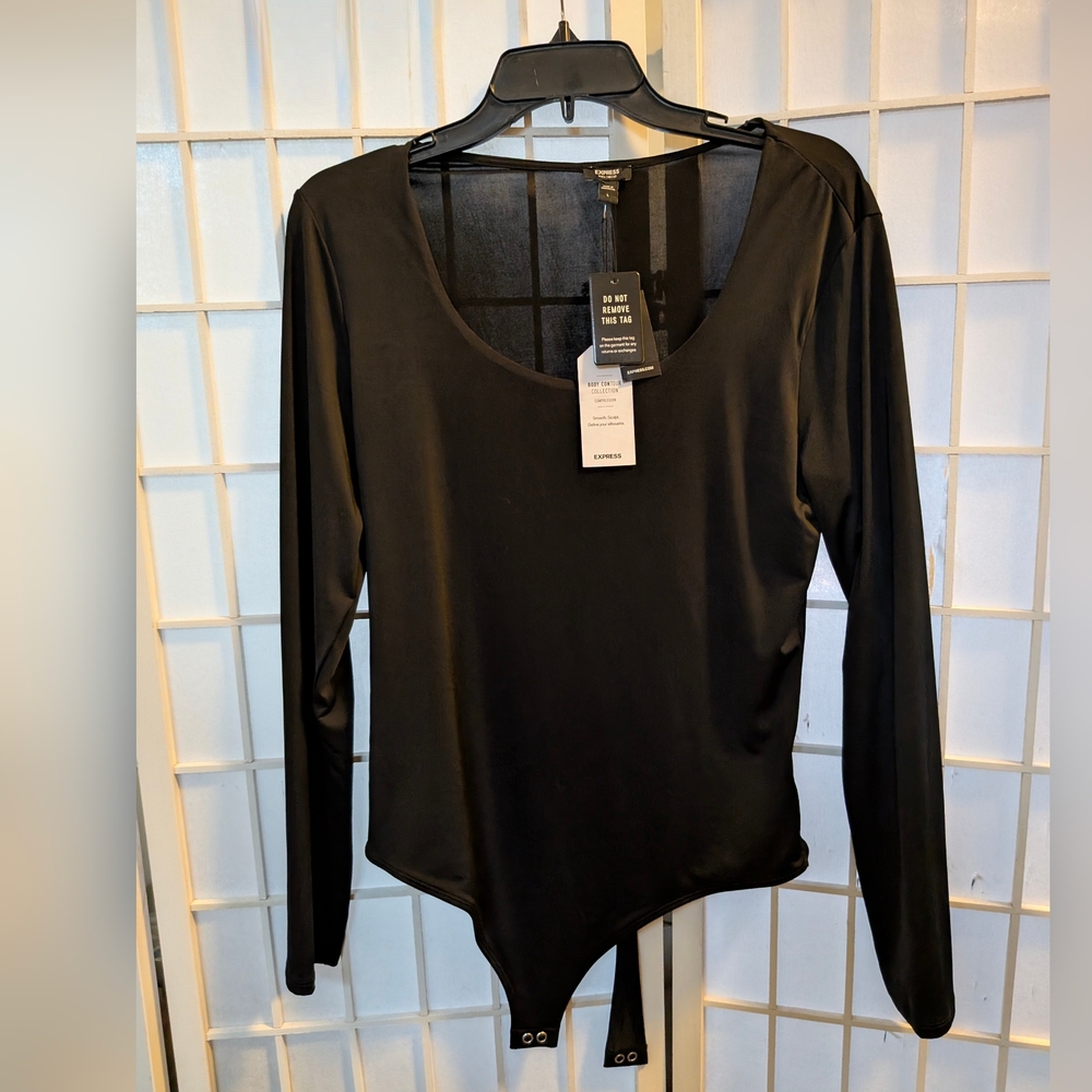 EXPRESS Body Contour Scoop Neck Double Layer Thong Bodysuit - Large Black